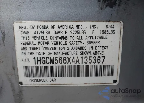 2004 Honda Accord 2.4 Ex z USA, uszkodzony, nr VIN 1HGCM566X4A135367